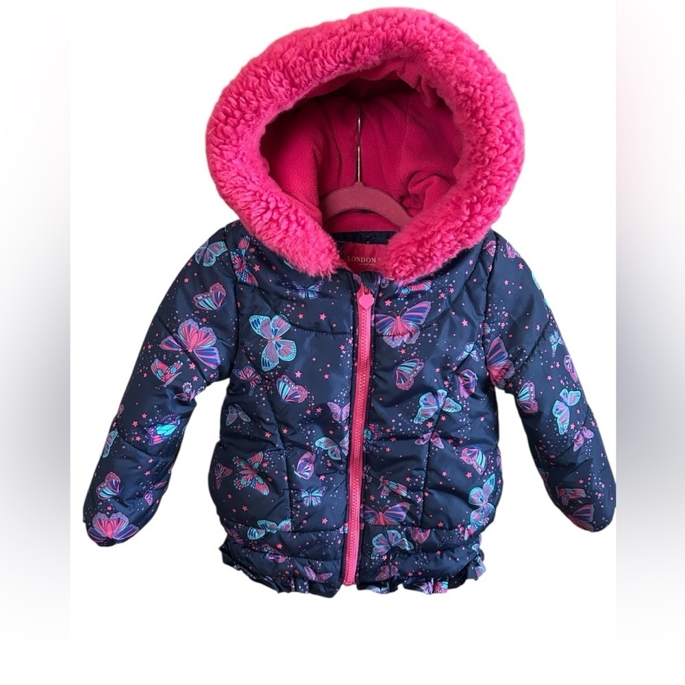 London Fog Butterfly Puffer Coat Faux Fur Hood Coquette Fairycore Winter Girls 4